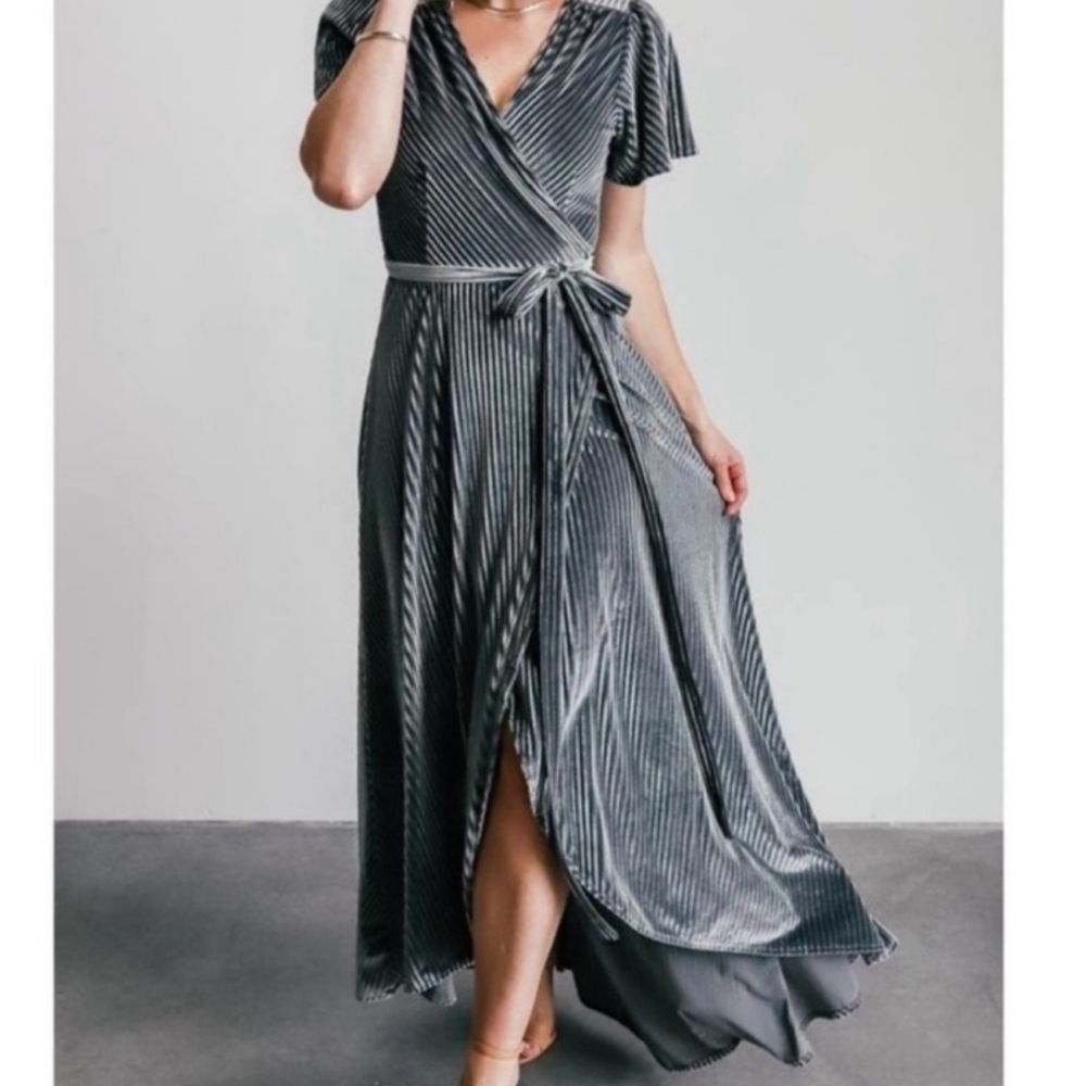 Baltic Born Andi Ribbed Velvet Wrap Dress In Pewter Grey